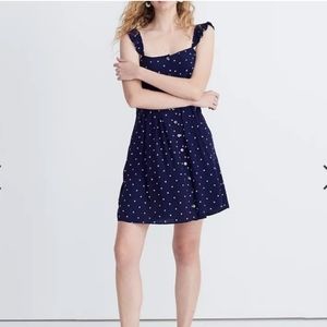 Madewell Ruffle Strap Button Front Blue White Polka Dot Mini A Line Size 2